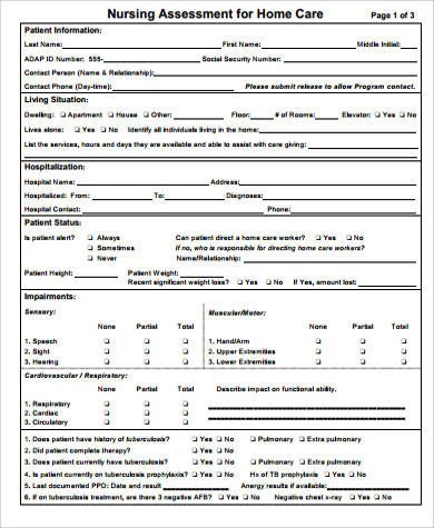 Nursing assessment form Template Physical assessment form Sample 9 Examples In Word Pdf