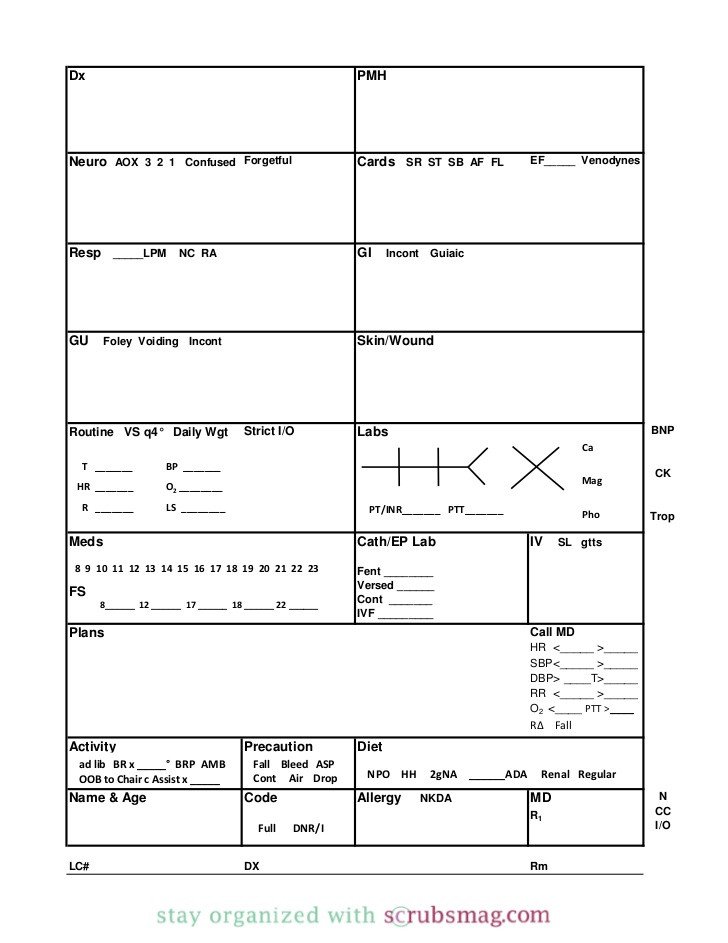Nursing Report Sheet Template Nurse Brain Sheet Binder Insert with Dividers