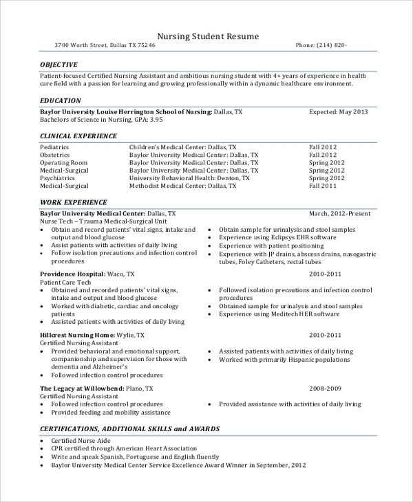 Nursing Student Resumes Examples Sample Nursing Student Resume 8 Examples In Word Pdf