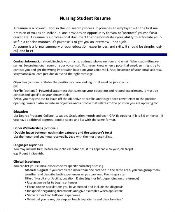 Nursing Student Resumes Examples Sample Nursing Student Resume 8 Examples In Word Pdf