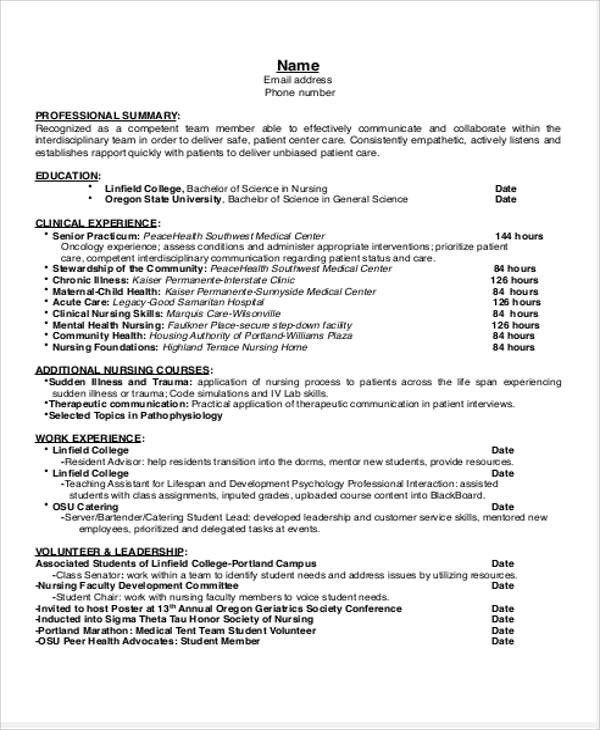 Nursing Student Resumes Examples Sample Student Nurse Resume 8 Examples In Word Pdf
