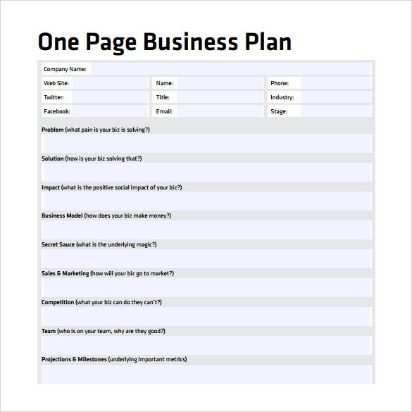 One Page Proposal Template Doc E Page Business Plan Template