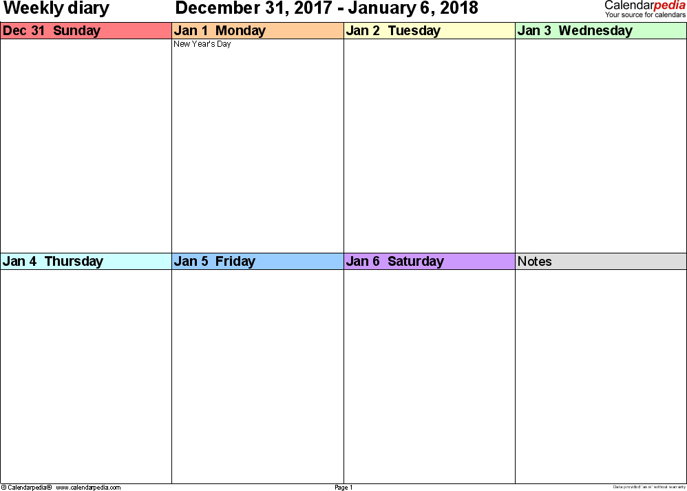 One Week Schedule Template Weekly Calendar 2018