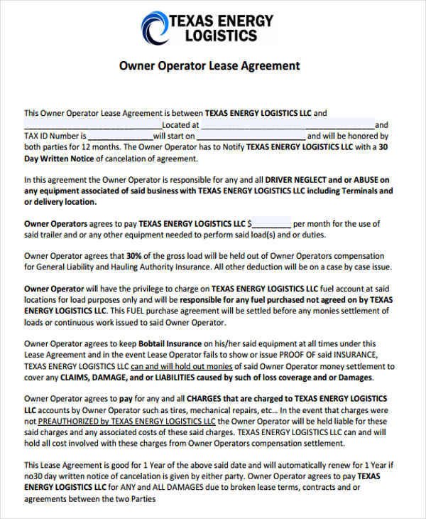Owner Operator Contract Template 38 Lease Agreement forms