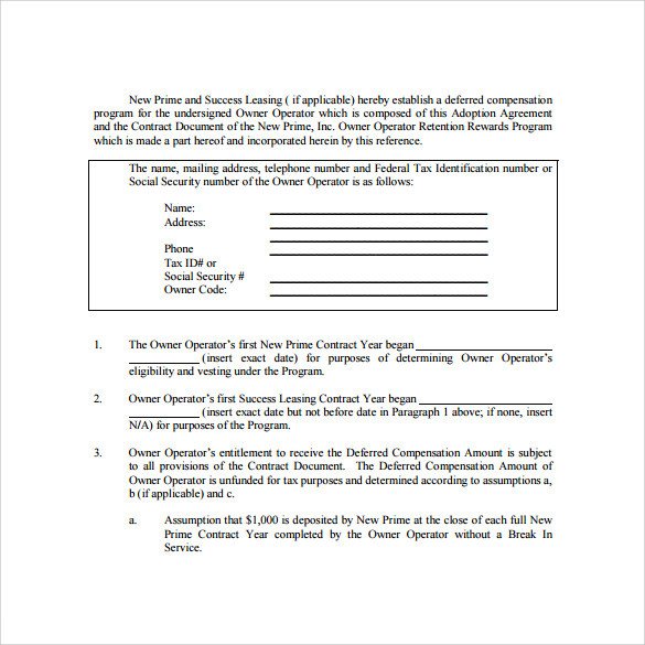 Owner Operator Contract Template Owner Operator Lease Agreement Templates 6 Samples