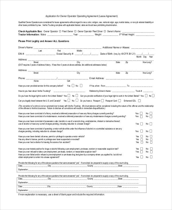 Owner Operator Contract Template Sample Lease Agreement form 11 Examples In Pdf Word