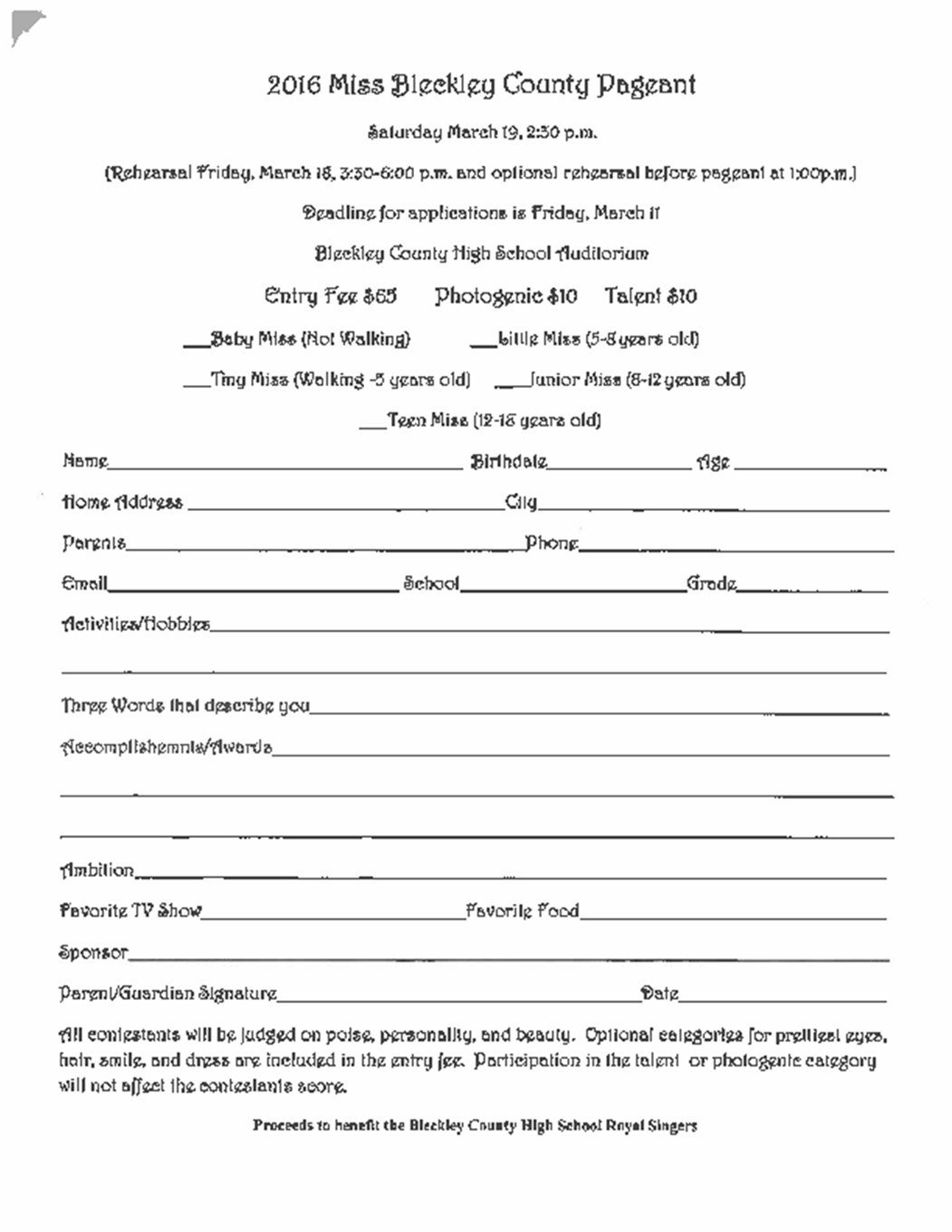 Pageant Entry form Template Miss Bleckley County Pageant March 19 events
