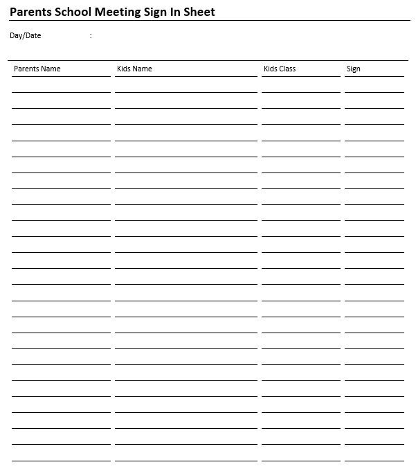 Parent Sign In Sheet 9 Free Sample Parent Sign In Sheet Templates Printable