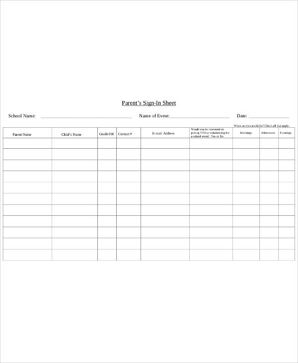 Parent Sign In Sheet Sample Printable Sign In Sheet 10 Examples In Word Pdf