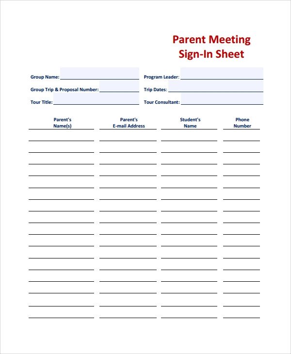 Parent Sign In Sheet Sample Student Sign In Sheet Templates 8 Free Documents