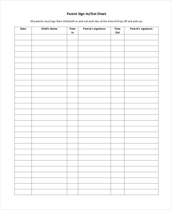 Parent Sign In Sheet Sign In Sheet 30 Free Word Excel Pdf Documents