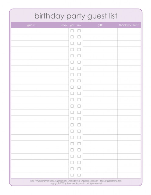 Party Guest List Template Birthday Party Guest List