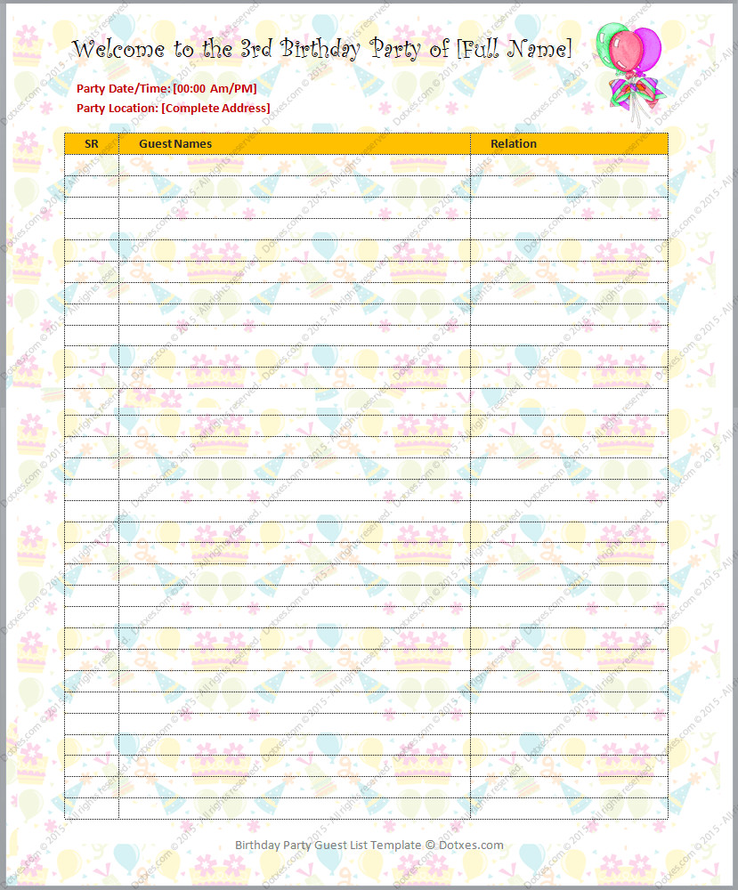 Party Guest List Template Birthday Party Guest List Template Dotxes