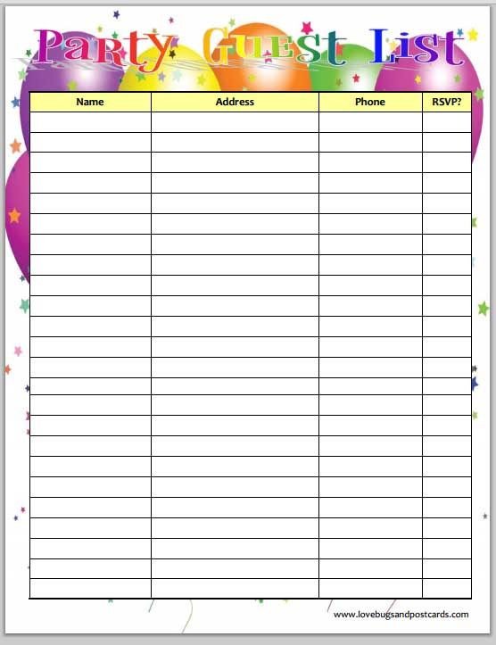 Party Guest List Template Free Printable Birthday Party Guest List Planner