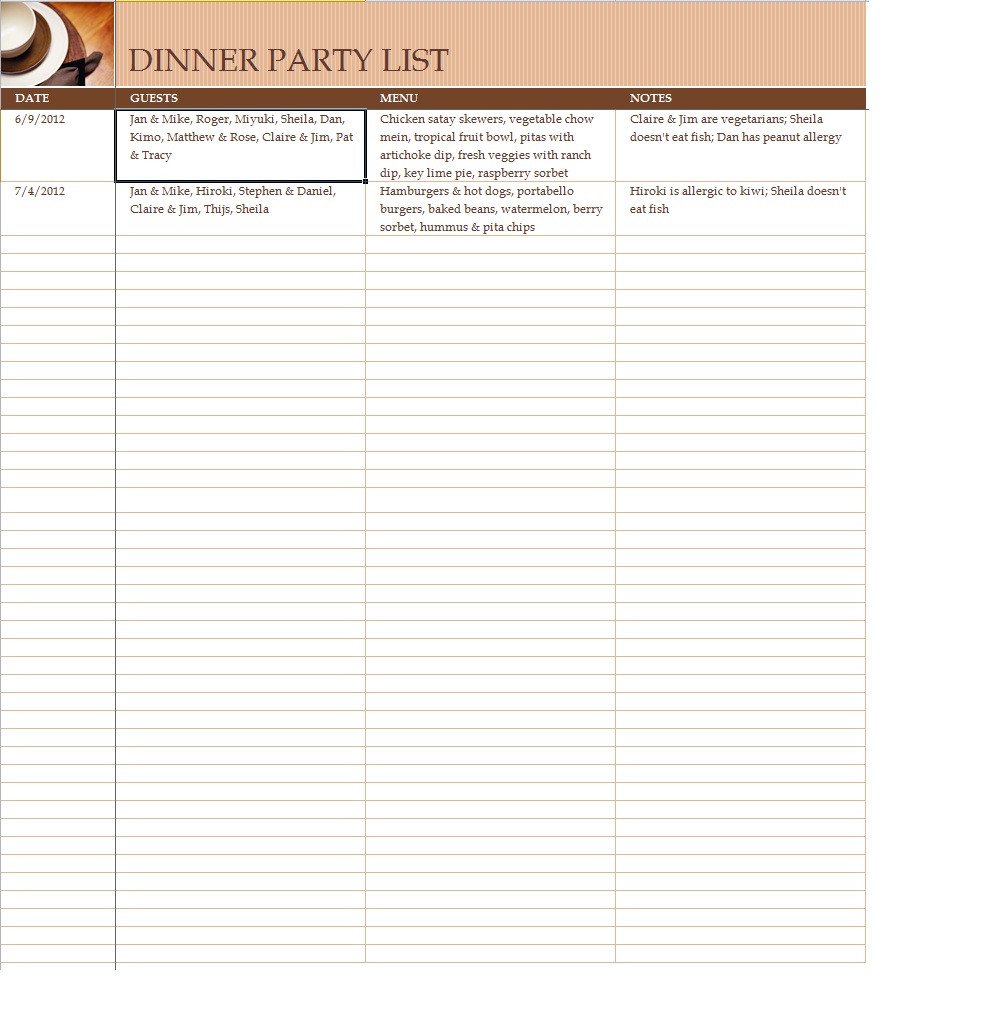 Party Guest List Template Party Guest List Template Sample