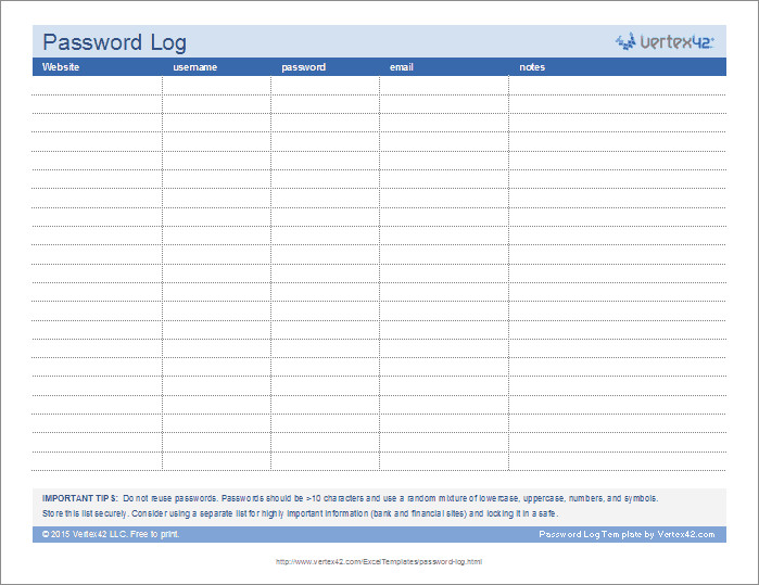Password Log Template Pdf Password Log Template