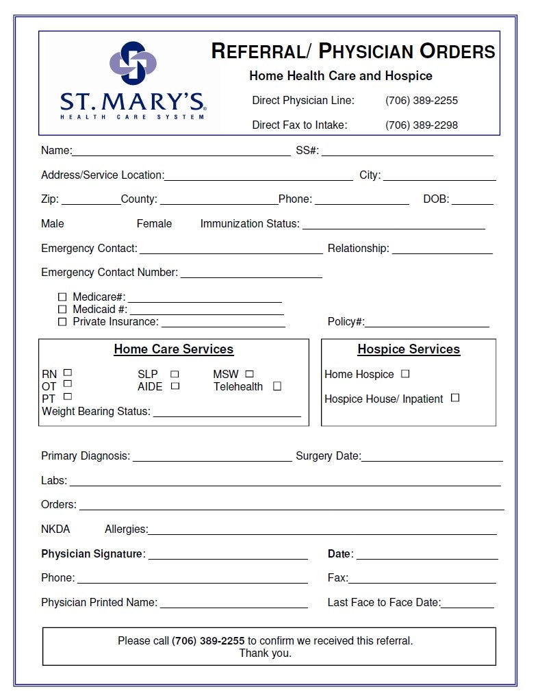 Patient Discharge form Template Referral forms St Mary S Hospital and Health Care System