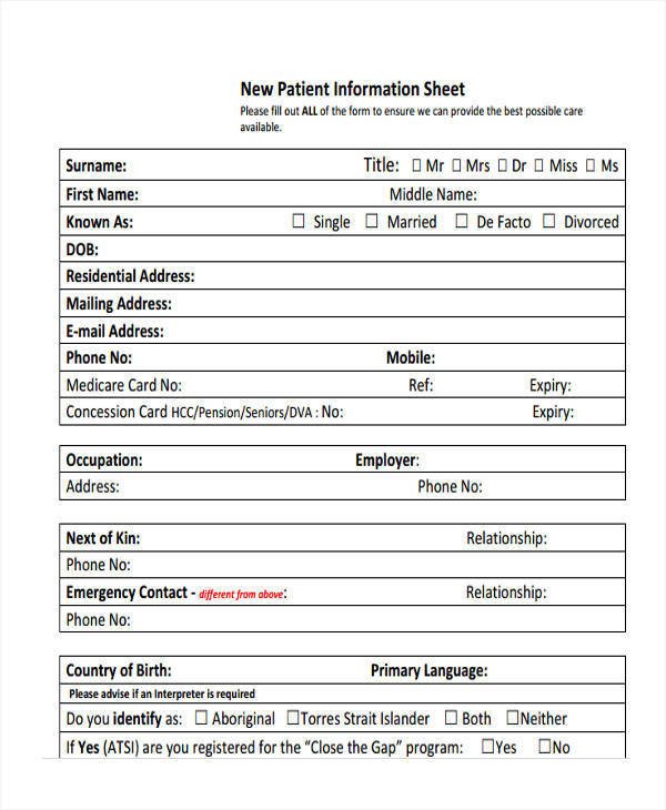 Patient Information form Template 45 Information Sheet Samples