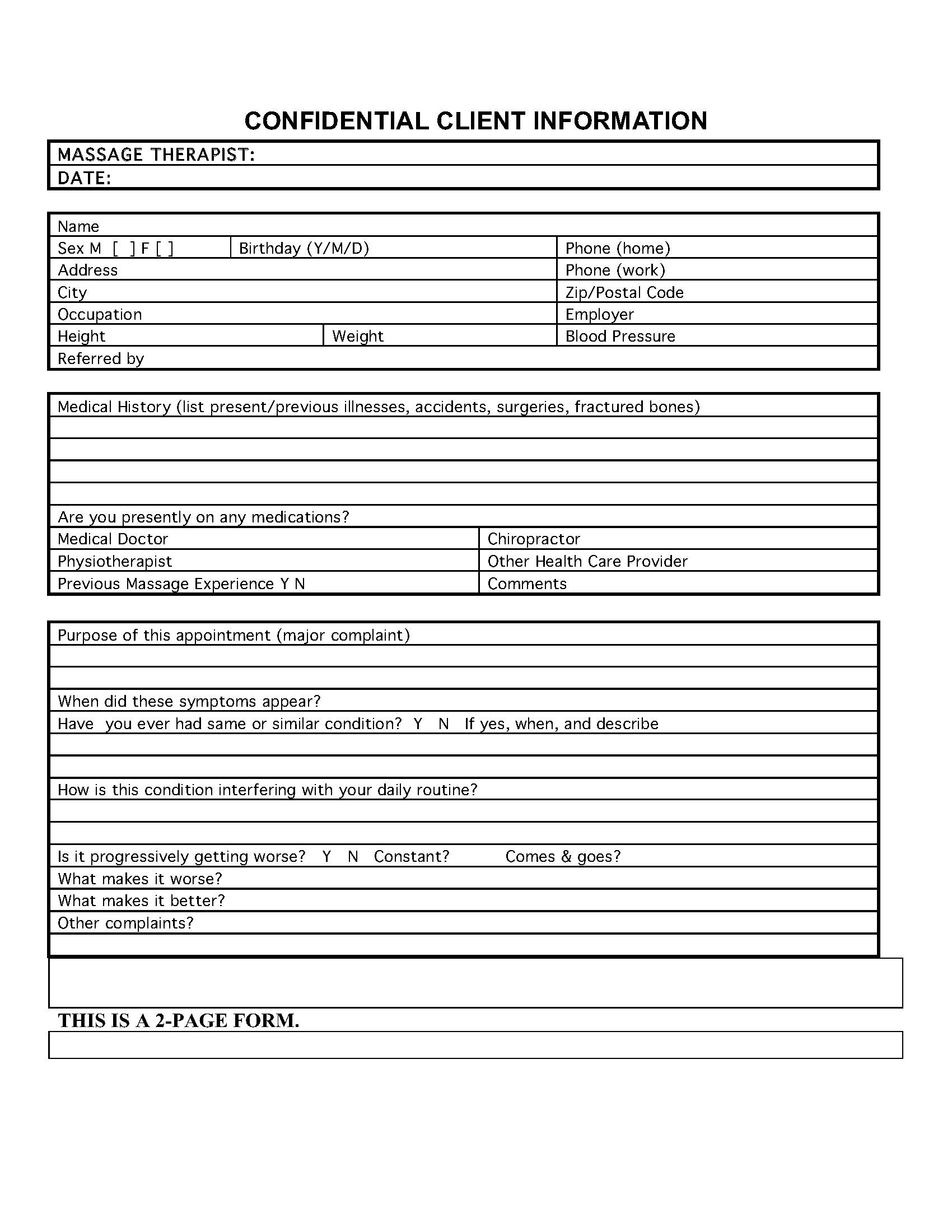 Patient Information form Template Confidential Patient Information Sheet for Massage therapy