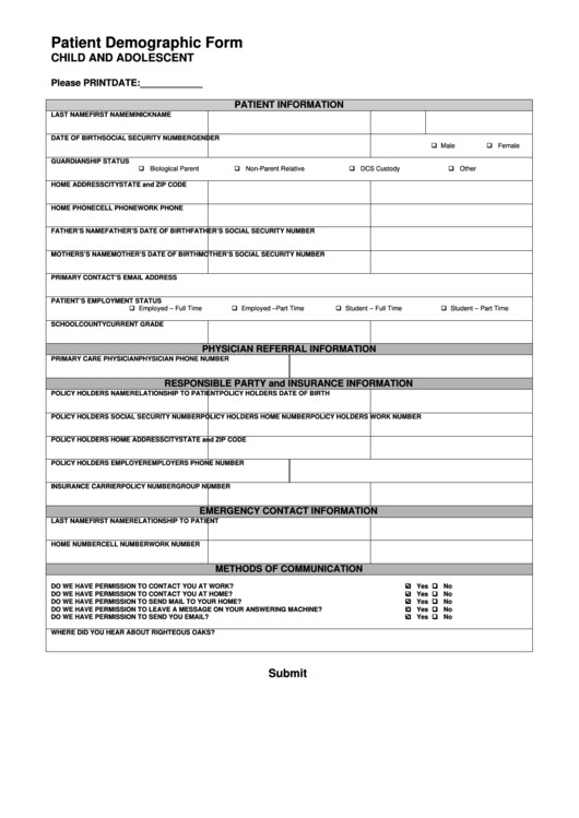 Patient Information form Template Fillable Patient Demographic form Printable Pdf