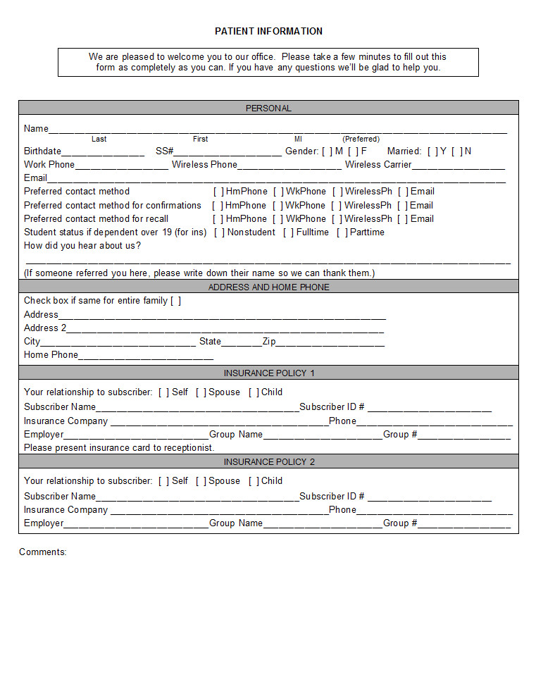 Patient Information form Template Open Dental Manual Registration forms