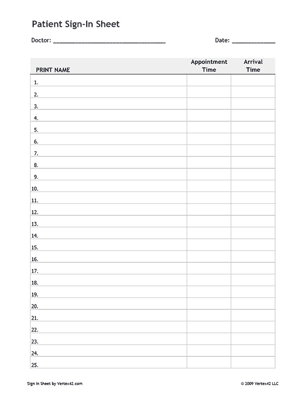 Patient Sign In Sheet Free Printable Patient Sign In Sheet Pdf From Vertex42
