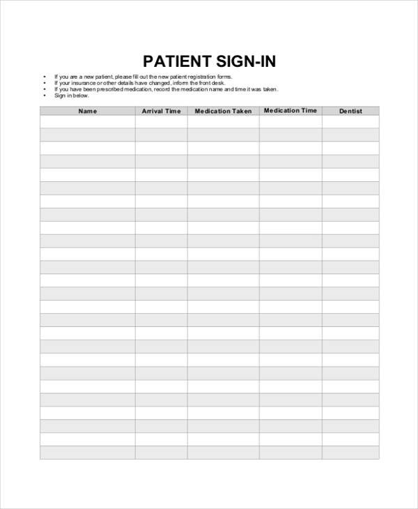 Patient Sign In Sheet Patient Sign In Sheets Printable