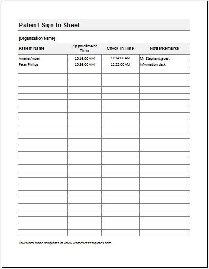 Patient Sign In Sheet Visitors Inquiry form Templates for Word