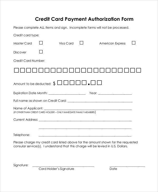 Payment Authorization form Template Credit Card Authorization form Sample 8 Examples In