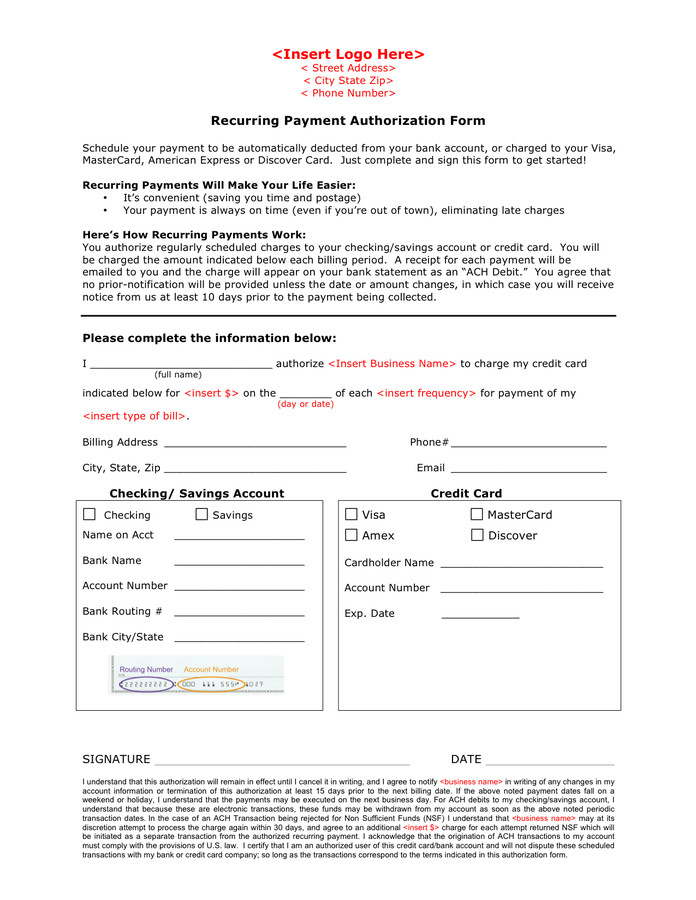 Payment Authorization form Template Recurring Payment Authorization form In Word and Pdf formats