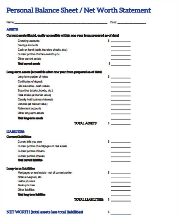 Personal Balance Sheet Template Personal Balance Sheet 7 Examples In Word Pdf