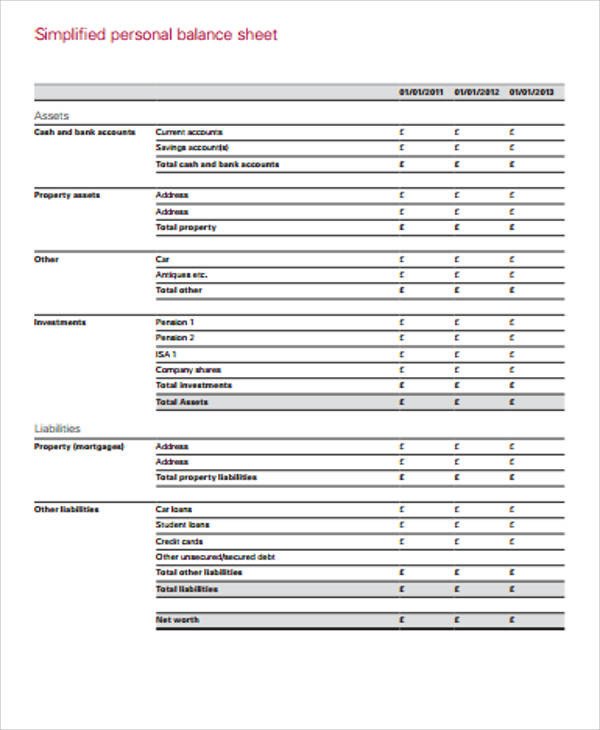 Personal Balance Sheet Template Personal Balance Sheet 7 Examples In Word Pdf