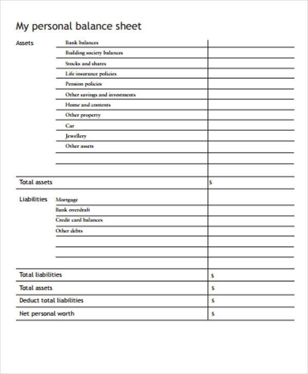 Personal Balance Sheet Template Personal Balance Sheet 7 Examples In Word Pdf