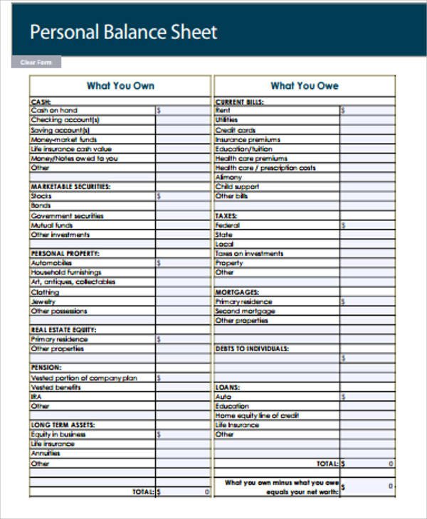 Personal Balance Sheet Template Personal Balance Sheet 7 Examples In Word Pdf