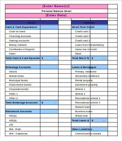 Personal Balance Sheet Template Personal Balance Sheet Template 16 Free Word Excel