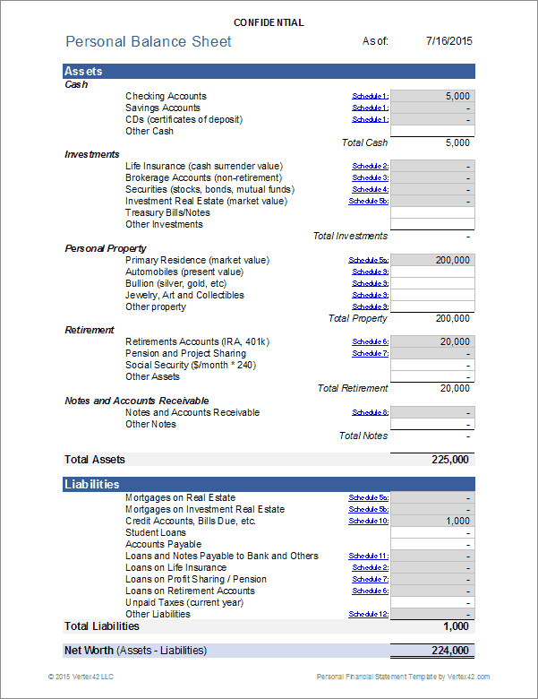 Personal Balance Sheet Template Personal Financial Statement for Excel