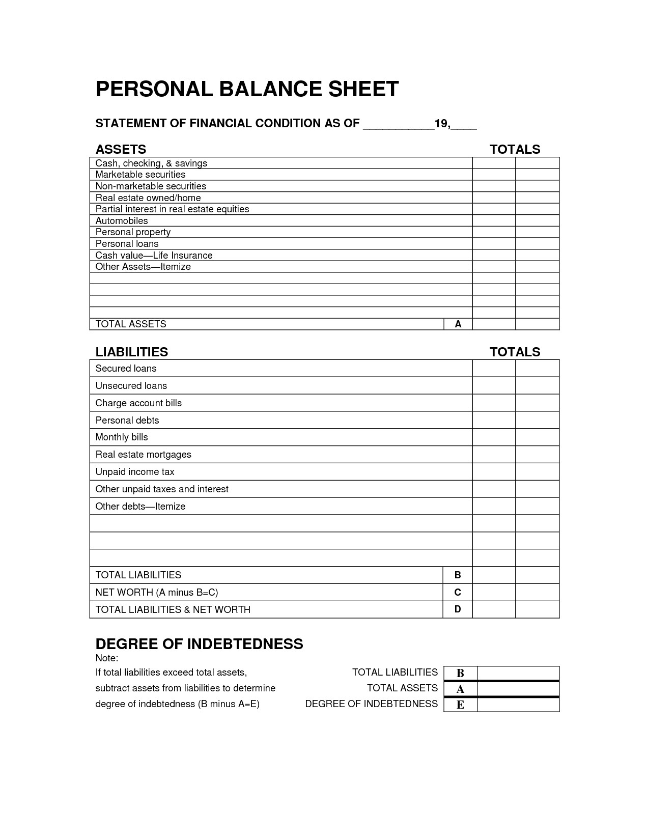 Personal Balance Sheet Template Print Template Category Page 1 Dahkai