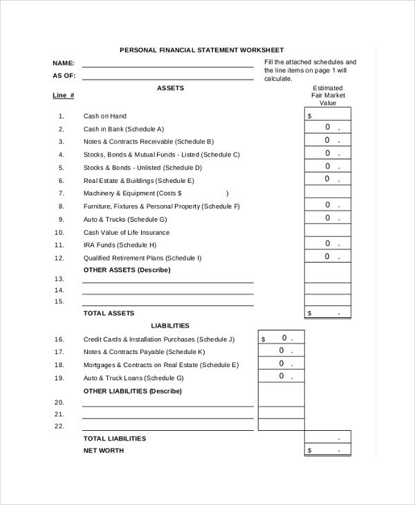 Personal Financial Statement Worksheet Sample Personal Financial Statement 9 Examples In Pdf