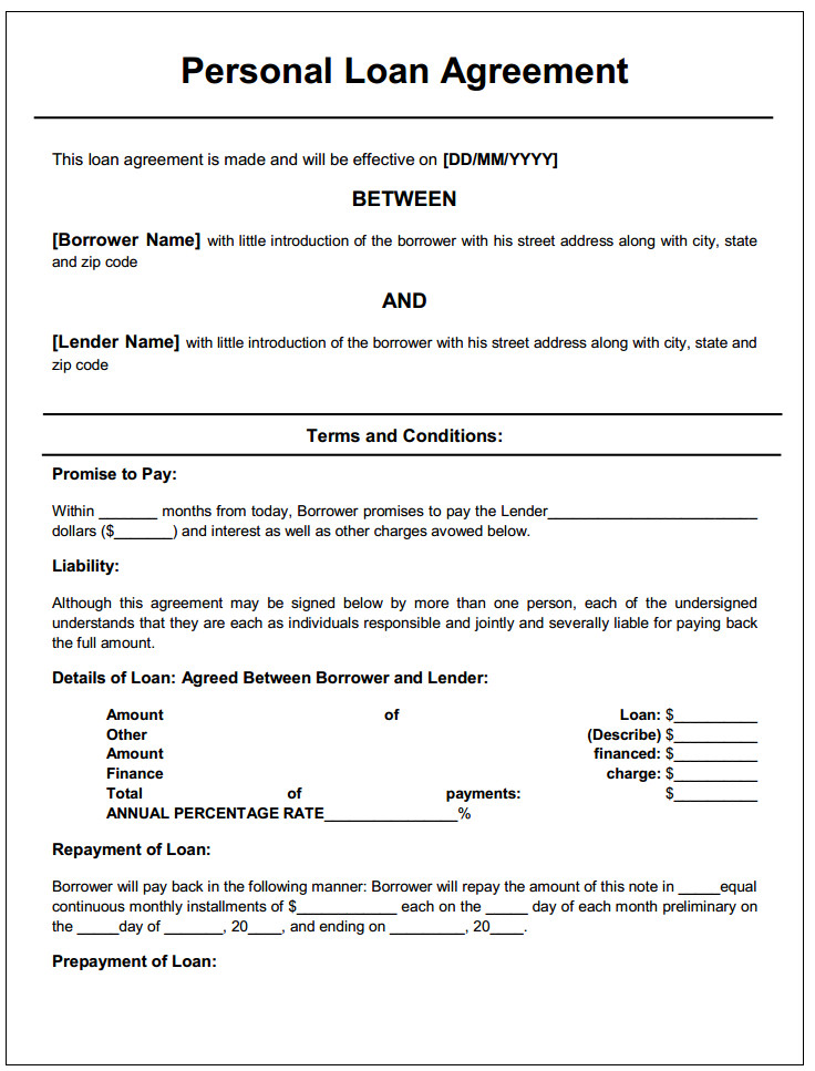 Personal Loan Documents Template Personal Loan Agreement