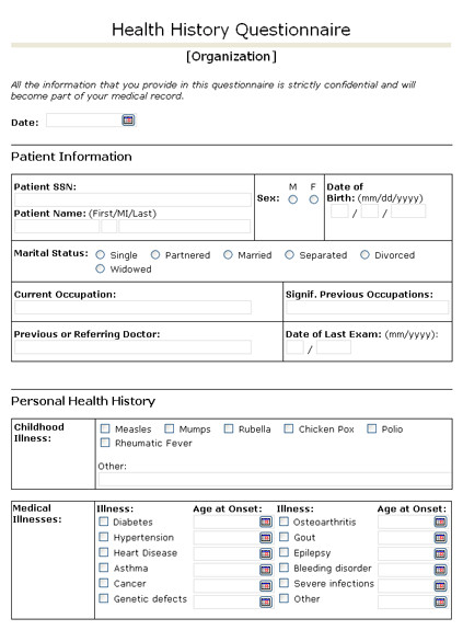 Personal Medical History Template Health History Questionnaire with Free form List for