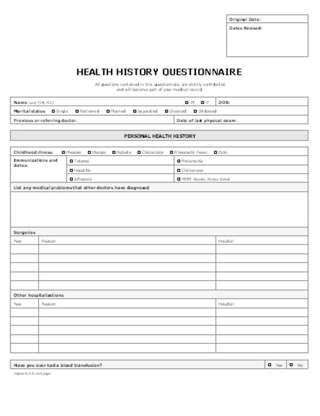 Personal Medical History Template Patient Health History Questionnaire 4 Pages