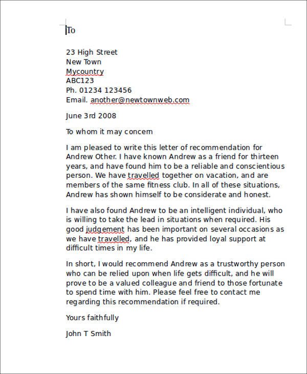 Personal Recommendation Letter Template 7 Sample Personal Re Mendation Letter Free Sample
