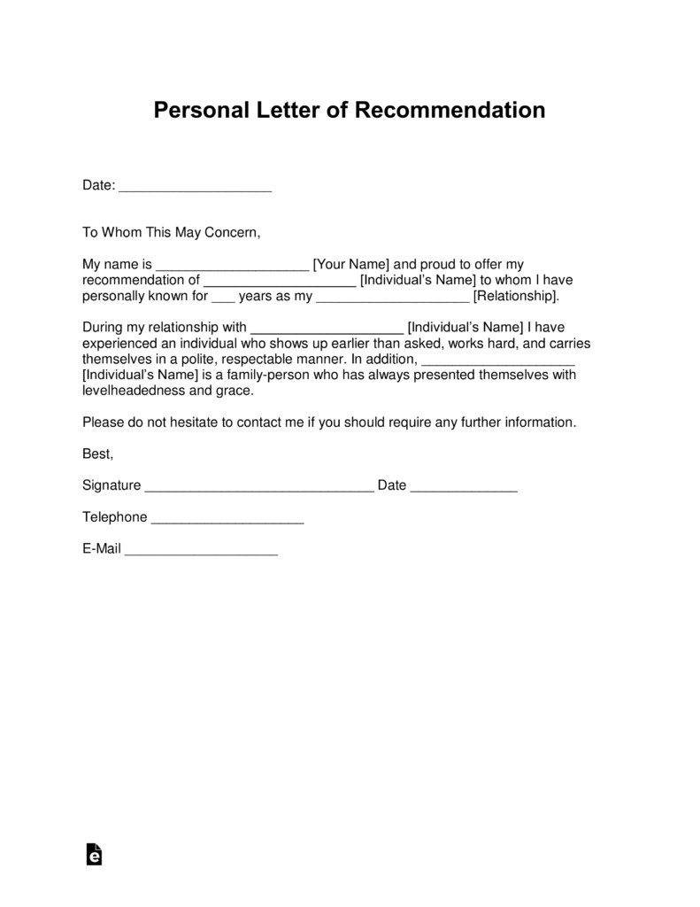 Personal Recommendation Letter Template Free Personal Letter Of Re Mendation Template for A