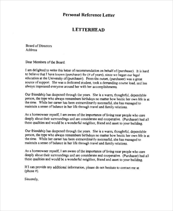 Personal Recommendation Letter Template Sample Personal Reference Letter 7 Examples In Word Pdf