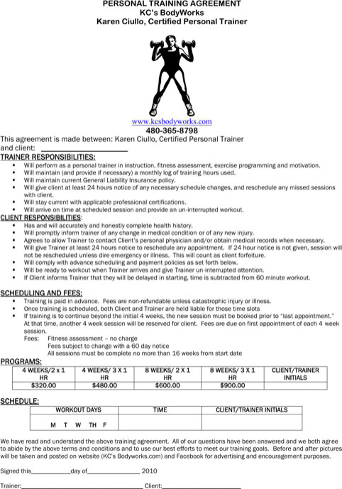 Personal Training Contracts Template Personal Training Agreement Sample