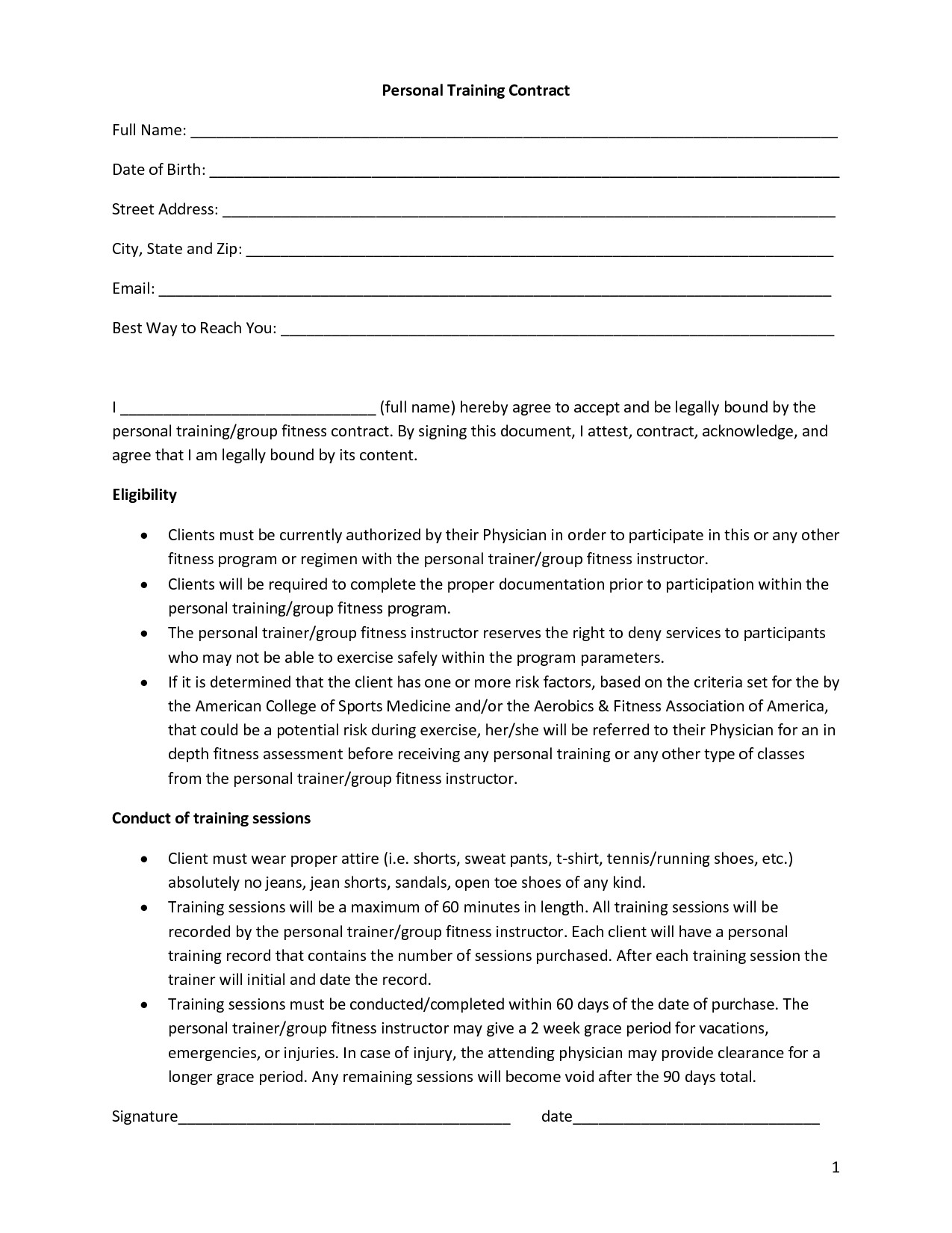 Personal Training Contracts Template Personal Training Contract Template Free Printable Documents