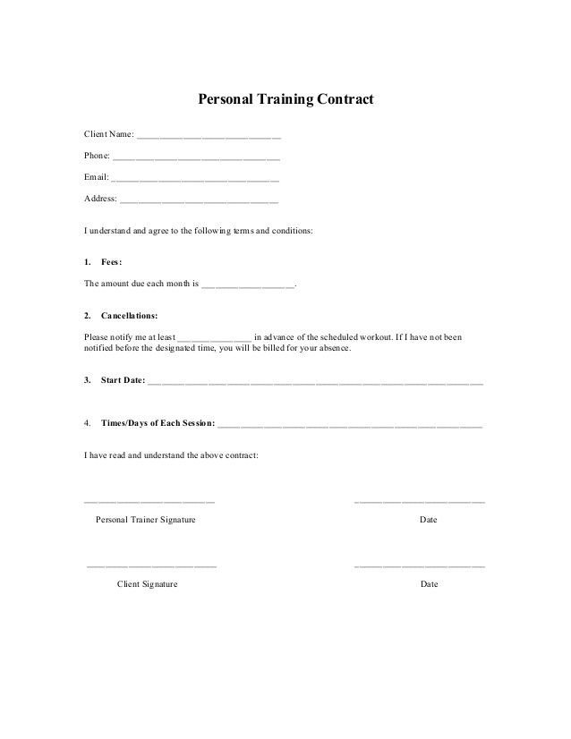 Personal Training Contracts Template Printable Sample Personal Training Contract Template form