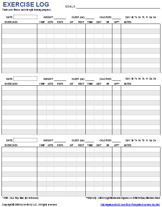 Personal Training Templates Free Free Printable Exercise Log and Blank Exercise Log Template