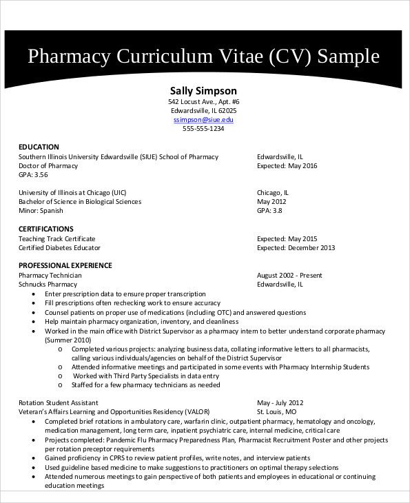 Pharmacist Curriculum Vitae Template 9 Pharmacist Curriculum Vitae Templates Pdf Doc