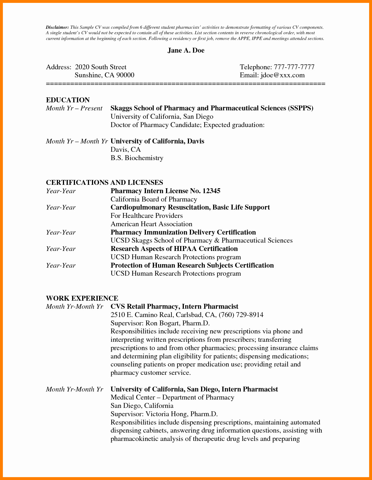 Pharmacist Curriculum Vitae Template formato Pdf Resume Pharmacist format